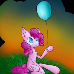 Size: 1024x1024 | Tagged: safe, artist:nkobox, imported from derpibooru, pinkie pie, earth pony, pony, balloon, eye clipping through hair, sitting, solo