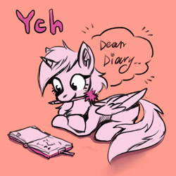 Size: 4000x4000 | Tagged: safe, imported from derpibooru, earth pony, pegasus, pony, unicorn, book, commission, cute, dear, deardiary, diary, solo, ych sketch, your character here