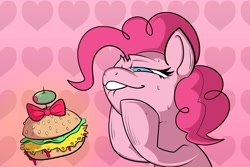 Size: 3000x2000 | Tagged: safe, artist:swagstapiece, imported from derpibooru, pinkie pie, earth pony, pony, bow, burger, female, food, hay burger, heart, heart background, high res, imminent nom, kitchen eyes, lip bite, mare, olive, solo, sweat, unf