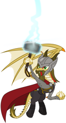 Size: 1280x2396 | Tagged: safe, artist:mlp-trailgrazer, imported from derpibooru, oc, oc only, oc:vector, dragon, clothes, cosplay, costume, hammer, mjölnir, simple background, solo, thor, transparent background, war hammer, weapon