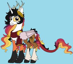 Size: 1024x906 | Tagged: safe, artist:rosefang16, imported from derpibooru, oc, oc only, oc:prince apollo, alicorn, hybrid, alicorn oc, antlers, blue background, chest freckles, chin fluff, draconequus hybrid, freckles, horn, interspecies offspring, laurel, male, offspring, parent:discord, parent:princess celestia, parents:dislestia, simple background, solo, stallion, wings