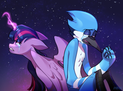 Size: 1500x1118 | Tagged: safe, artist:dymitre, imported from derpibooru, twilight sparkle, alicorn, anthro, bird, pony, anthro with ponies, crossover, crossover shipping, crying, female, glowing horn, horn, male, mordecai, mordetwi, night, outdoors, regular show, shipping, stars, straight, twilight sparkle (alicorn), wings