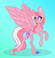 Size: 631x674 | Tagged: safe, artist:donnie-moon, imported from derpibooru, oc, oc only, alicorn, pony, :p, alicorn oc, curved horn, eyelashes, female, gradient background, horn, mare, rearing, signature, tongue out, wings