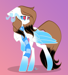 Size: 1746x1933 | Tagged: safe, artist:donnie-moon, imported from derpibooru, oc, oc only, pegasus, pony, clothes, coat markings, female, gradient background, looking back, mare, pegasus oc, scarf, socks (coat markings), solo, sombra eyes, wings