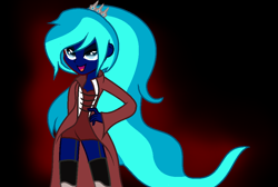 Size: 984x663 | Tagged: safe, artist:aonairfaol, imported from derpibooru, oc, oc only, equestria girls, base used, black background, clothes, coat, female, hand on hip, open mouth, simple background, smiling, solo