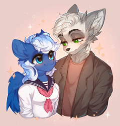 Size: 1224x1280 | Tagged: safe, artist:minekoo2, imported from derpibooru, oc, oc only, anthro, pegasus, wolf, bedroom eyes, blushing, clothes, commission, cute, digital art, duo, female, furry, furry oc, looking at each other, male, mare, oc x oc, shipping, shirt, simple background, straight, wings, ych result