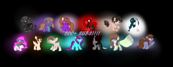 Size: 2849x1105 | Tagged: safe, artist:aonairfaol, imported from derpibooru, oc, oc only, earth pony, pony, unicorn, base used, black background, earth pony oc, female, group, hat, horn, mare, milestone, simple background, smiling, unicorn oc