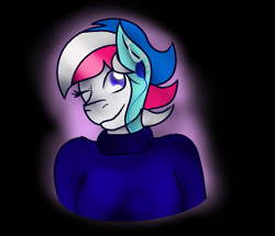 Size: 845x727 | Tagged: safe, artist:aonairfaol, imported from derpibooru, oc, oc only, anthro, earth pony, black background, bust, clothes, earth pony oc, one eye closed, simple background, smiling, solo, wink