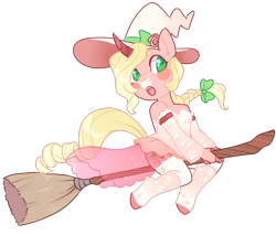 Size: 900x765 | Tagged: safe, artist:lavvythejackalope, imported from derpibooru, oc, oc only, anthro, unguligrade anthro, unicorn, blush sticker, blushing, braid, broom, clothes, dress, flying, flying broomstick, hat, horn, simple background, solo, transparent background, unicorn oc, witch hat