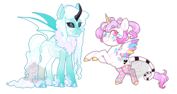 Size: 1500x800 | Tagged: safe, artist:lavvythejackalope, imported from derpibooru, oc, oc only, alicorn, bat pony, bat pony alicorn, pony, alicorn oc, bat wings, chest fluff, clothes, duo, female, heterochromia, hoof fluff, horn, mare, rearing, simple background, smiling, socks, transparent background, wings