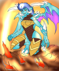 Size: 1400x1700 | Tagged: safe, artist:foxgearstudios, imported from derpibooru, princess ember, anthro, digitigrade anthro, dragon, abstract background, armor, dragoness, female, solo