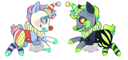 Size: 1000x470 | Tagged: safe, artist:lavvythejackalope, imported from derpibooru, oc, oc only, earth pony, pony, clothes, clown, duo, earth pony oc, face paint, hat, jester hat, rearing, simple background, transparent background