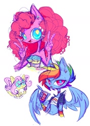 Size: 1159x1628 | Tagged: safe, artist:nkobox, imported from derpibooru, fluttershy, pinkie pie, rainbow dash, anthro, earth pony, pegasus, :>, alternate hairstyle, arm warmers, big hair, choker, clothes, colored sketch, cutie mark accessory, cutie mark earrings, cutie mark eyes, double peace sign, drink, ear piercing, earring, eye clipping through hair, female, jacket, jewelry, midriff, peace sign, piercing, pigtails, short shirt, simple background, sketch, tube top, white background, wingding eyes