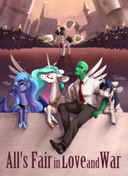 Size: 744x1023 | Tagged: safe, artist:28gooddays, imported from derpibooru, princess celestia, princess luna, raven, oc, oc:anon, alicorn, human, unicorn, fanfic:all's fair in love and war, angry, canterlot, clothes, fanfic, fanfic art, fanfic cover, female, green skin, hair bun, jewelry, male, mare, necktie, paperwork, pitchfork, regalia, silhouette, suit, torch