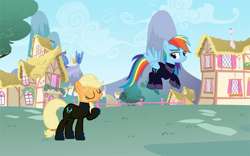 Size: 1280x801 | Tagged: safe, artist:benpictures1, imported from derpibooru, applejack, rainbow dash, earth pony, pegasus, pony, comic:the storm kingdom, my little pony: the movie, argument, bad end, bodysuit, clothes, command 6, commander applejack, commander rainbow dash, crystal of light, duo, female, mare, ponyville