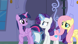 Size: 1920x1080 | Tagged: safe, imported from derpibooru, screencap, fluttershy, rarity, twilight sparkle, alicorn, pegasus, pony, unicorn, season 9, the beginning of the end, bag, female, glowing horn, horn, levitation, looking at each other, magic, mare, paper, raised hoof, saddle bag, smiling, telekinesis, trio, trio female, twilight sparkle (alicorn)