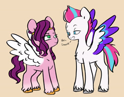 Size: 3011x2345 | Tagged: safe, artist:chub-wub, imported from derpibooru, pipp petals, zipp storm, pegasus, pony, adorapipp, adorazipp, chest fluff, cute, dialogue, duo, female, g5, high res, lidded eyes, looking at each other, mare, pipp is short, royal sisters (g5), siblings, simple background, sisters, sisters being sisters, smiling, spread wings, wings