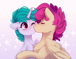 Size: 3000x2300 | Tagged: safe, artist:whiteliar, imported from derpibooru, part of a set, oc, oc only, oc:hazel, oc:wallparty, pegasus, pony, unicorn, commission, high res, kissing, ych result