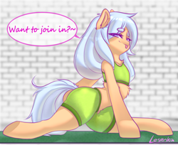 Size: 3300x2688 | Tagged: safe, artist:lesenka, imported from derpibooru, oc, oc only, oc:lesenka, bat pony, pony, :p, alternate hairstyle, art, ass, blurry background, butt, chest fluff, clothes, cute, dialogue, ear fluff, eye clipping through hair, eyebrows, eyebrows visible through hair, female, fitness, high res, looking at you, mare, nudity, penetration, plot, rule 34, sexy, shorts, signature, simple background, sitting, smiling, smirk, solo, solo female, speech bubble, stretching, talking to viewer, tongue out, underhoof