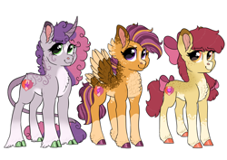 Size: 2886x2048 | Tagged: safe, artist:moccabliss, imported from derpibooru, apple bloom, scootaloo, sweetie belle, classical unicorn, earth pony, pegasus, pony, unicorn, alternate design, chest fluff, cloven hooves, colored hooves, curved horn, cutie mark crusaders, ear fluff, feathered fetlocks, female, filly, high res, horn, leonine tail, simple background, tail feathers, trio, unshorn fetlocks, white background