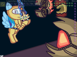 Size: 800x600 | Tagged: safe, artist:mudkip91/tetrahedron, imported from derpibooru, rainbow dash, armor, calamity mod, cataclysm, catastrophe, crossover, drawing, fight, night, overlay, supreme calamitas, sword, terraria, terraria calamity, ui, video game, weapon