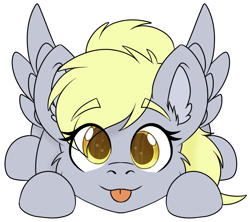 Size: 1208x1072 | Tagged: safe, artist:rokosmith26, imported from derpibooru, derpy hooves, pegasus, pony, :3, :p, cheek fluff, chibi, cute, ear fluff, eye clipping through hair, eyebrows, eyebrows visible through hair, female, looking at you, lying down, mare, simple background, solo, spread wings, tongue out, transparent background, wings