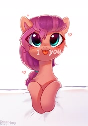 Size: 1856x2630 | Tagged: safe, alternate version, artist:enderselyatdark, imported from derpibooru, sunny starscout, earth pony, pony, :p, blushing, chest fluff, cute, daaaaaaaaaaaw, eye clipping through hair, female, g5, heart, smiling, solo, sunnybetes, tongue out