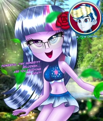 Size: 1700x2000 | Tagged: safe, artist:aryatheeditor, imported from derpibooru, sci-twi, twilight sparkle, oc, oc:velodash, equestria girls, adorasexy, ass, bedroom eyes, belly, belly button, bikini, bikini top, breasts, bust, busty sci-twi, busty twilight sparkle, butt, canon x oc, clothes, cute, cutie mark, cutie mark on clothes, digital art, element of magic, female, forest, geode of telekinesis, glasses, heterochromia, hips, jewelry, magical geodes, miniskirt, outfit, pose, powerful sparkle, purple hair, regalia, river, schrödinger's pantsu, sexy, shiny, skirt, sleeveless, smiling, solo, sparkles, stupid sexy sci-twi, stupid sexy twilight, sunglasses, swimsuit, thigh gap, thighs, wingding eyes