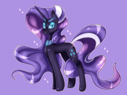 Size: 4000x3000 | Tagged: safe, artist:averyskies36, imported from derpibooru, nightmare rarity, pony, unicorn, blue eyes, colored pupils, crown, eyelashes, female, flowing mane, flowing tail, gem, horn, jewelry, lidded eyes, looking at you, necklace, purple background, purple mane, purple tail, regalia, simple background, smiling, solo, sparkles, tail