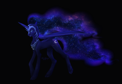 Size: 2571x1769 | Tagged: safe, artist:not-an-ornitologist, imported from derpibooru, nightmare moon, alicorn, pony, black background, blue eyes, blue mane, blue tail, colored pupils, dark, ethereal mane, evil grin, fangs, female, flowing mane, galaxy mane, glowing horn, grin, helmet, horn, looking at you, simple background, smiling, solo, starry mane, starry tail, teeth, wings