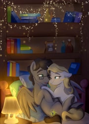 Size: 2100x2916 | Tagged: safe, artist:rutkotka, imported from derpibooru, oc, oc only, pegasus, pony, unicorn, bed, book, bookshelf, glasses, high res, lamp, pillow