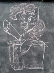 Size: 767x1024 | Tagged: safe, artist:zowzowo, imported from derpibooru, pinkie pie, earth pony, pony, blushing, box, chalk, chalkboard, excited, in a box, photo, pointing, raised hoof, solo