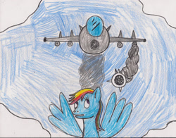 Size: 2160x1692 | Tagged: safe, artist:ajkiel91, imported from derpibooru, rainbow dash, pegasus, pony, abuse, bomb, dashabuse, go to sleep wind rider, imminent death, jet, missile, op is a duck, plane, traditional art, weapon
