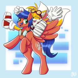 Size: 2400x2400 | Tagged: safe, artist:theonibrony, imported from derpibooru, oc, oc:griffin, fox, pegasus, pony, bipedal, duo, duo male, goggles, high res, male, miles "tails" prower, sonic boom, sonic the hedgehog (series)