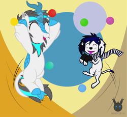 Size: 1307x1205 | Tagged: safe, artist:wheatley r.h., derpibooru exclusive, imported from derpibooru, oc, oc only, oc:blizzard flare, dalmatian, dog, kirin, circle, clothes, cloven hooves, eyes closed, female, happy, happy birthday, jumping, mare, scarf, vector, watermark