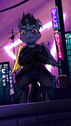 Size: 864x1536 | Tagged: safe, artist:calena, imported from derpibooru, oc, oc only, oc:hugo goldenbreak, pony, adoptable, adopts, auction, auction open, brick wall, building, commission, cyberpunk, outdoor, outdoors, retrowave, security guard, sign, solo, synthwave, window, ych example, your character here