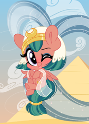 Size: 2153x2973 | Tagged: safe, artist:emberslament, imported from derpibooru, somnambula, pegasus, pony, :p, blushing, chibi, cute, desert, female, flying, heart eyes, high res, looking at you, mare, one eye closed, pyramid, solo, somnambetes, speed trail, tongue out, underhoof, wingding eyes, wink, winking at you