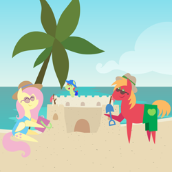 Size: 2160x2160 | Tagged: safe, anonymous artist, imported from derpibooru, big macintosh, fluttershy, oc, oc:late riser, earth pony, pegasus, pony, series:fm family vacation, series:fm holidays, baby, baby pony, beach, bucket, clothes, colt, female, fluttermac, hat, high res, hoof hold, male, mare, offspring, one-piece swimsuit, palm tree, parent:big macintosh, parent:fluttershy, parents:fluttermac, pointy ponies, sandcastle, shipping, sitting, spade, stallion, straight, sun hat, sunglasses, swimming trunks, swimsuit, tree