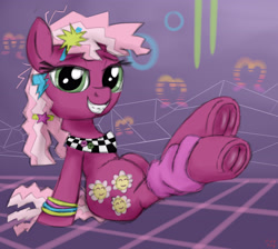 Size: 3800x3400 | Tagged: safe, artist:littlenaughtypony, imported from derpibooru, cheerilee, earth pony, pony, 80s, 80s cheerilee, anatomically incorrect, braces, clothes, eyebrows, female, frog (hoof), grin, high res, hoofbutt, leg warmers, looking at you, mare, sitting, smiling, smiling at you, solo, underhoof