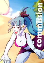 Size: 2079x2972 | Tagged: safe, artist:amazingpuffhair, imported from derpibooru, sonata dusk, equestria girls, beach, beach babe, breasts, busty sonata dusk, cleavage, commission, flower, flower in hair, high res, open mouth, palm tree, sand, solo, sports, tree, volleyball