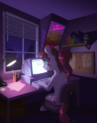 Size: 1157x1470 | Tagged: safe, artist:nadnerbd, imported from derpibooru, oc, oc only, oc:novella, pony, unicorn, bedroom, computer, desk, female, monitor, night, poster, sitting, solo