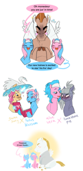 Size: 1801x3720 | Tagged: safe, artist:aztrial, imported from derpibooru, aloe, bulk biceps, limestone pie, lotus blossom, swan song, earth pony, pegasus, unicorn, blushing, blushing profusely, book, bulkabetes, cute, ear piercing, earring, female, hat, headcanon in the description, jewelry, lesbian, piercing, reading, shipping, small wings, spa twins, tsundere, wings