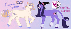 Size: 1280x523 | Tagged: safe, artist:s0ftserve, imported from derpibooru, oc, oc:masquerade, oc:starfall, pony, unicorn, curved horn, dyed mane, female, glasses, hat, horn, magical lesbian spawn, male, mare, offspring, parent:starlight glimmer, parent:trixie, parents:startrix, siblings, stallion, unshorn fetlocks, witch hat