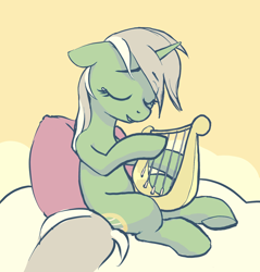 Size: 1596x1668 | Tagged: safe, artist:nadnerbd, imported from derpibooru, lyra heartstrings, pony, unicorn, eyes closed, female, lyre, mare, musical instrument, pillow, solo