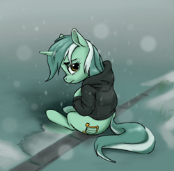 Size: 1500x1478 | Tagged: safe, artist:nadnerbd, imported from derpibooru, lyra heartstrings, pony, unicorn, fanfic:background pony, bottomless, clothes, dig the swell hoodie, female, hoodie, mare, partial nudity, sad, sitting, solo