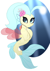 Size: 1024x1465 | Tagged: safe, artist:blankfandoms, imported from derpibooru, princess skystar, seapony (g4), my little pony: the movie, blue eyes, crepuscular rays, dorsal fin, female, fin wings, fish tail, flower, flower in hair, flowing tail, glow, glowing, jewelry, looking at you, necklace, ocean, red wings, simple background, smiling, solo, sunlight, tail, transparent background, underwater, water, wings