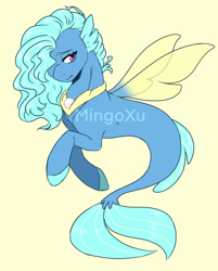 Size: 1280x1591 | Tagged: safe, artist:mingoxu, imported from derpibooru, oc, oc only, seapony (g4), blue mane, dorsal fin, female, fin wings, fins, fish tail, flowing tail, jewelry, necklace, pearl necklace, purple eyes, simple background, solo, tail, watermark, wings, yellow background