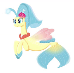 Size: 1280x1272 | Tagged: safe, artist:scoopedmelon, imported from derpibooru, princess skystar, seapony (g4), my little pony: the movie, blue eyes, blue mane, dorsal fin, female, fin wings, fins, fish tail, flower, flower in hair, flowing tail, jewelry, necklace, pearl necklace, simple background, smiling, solo, tail, white background, wings