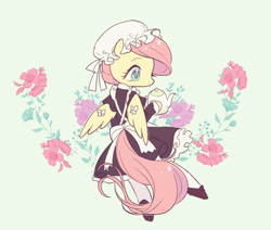 Size: 1280x1083 | Tagged: safe, artist:kkmrarar, imported from derpibooru, fluttershy, pegasus, pony, bow, clothes, cute, daaaaaaaaaaaw, dress, female, flower, fluttermaid, hat, maid, mare, shyabetes, solo, teapot