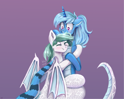 Size: 2501x2001 | Tagged: safe, artist:ske, imported from derpibooru, oc, oc:biru, oc:triksa, bat pony, lamia, original species, pony, snake, unicorn, bat wings, blushing, coiling, coils, duo, embarrassed, eyes closed, high res, hug, purple background, simple background, wide eyes, wings